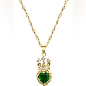 Green Crown Heart Necklace‎ Stainless Steel Gold Tone